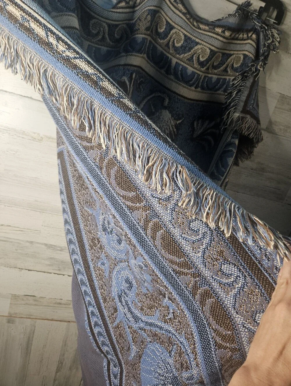 Vintage Coastal Tapestry Blanket Throw Blue Seashells Nautical Beach EUC